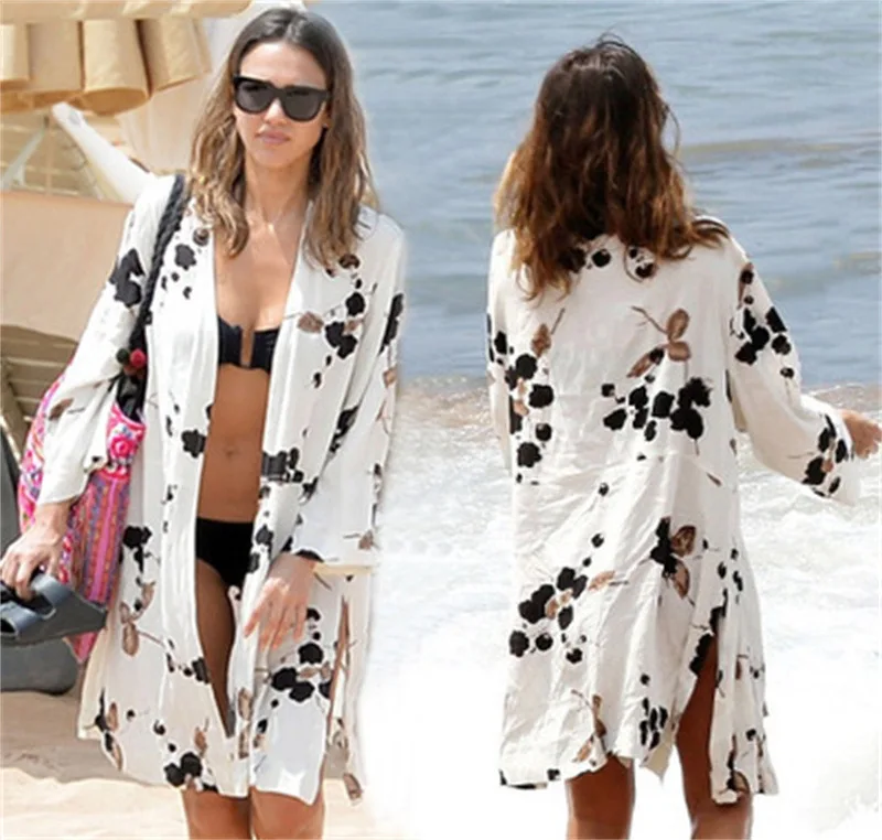 

2022 Rayon printed holiday sunscreen cardigan woman chiffon cover up beach kimono women swimwear