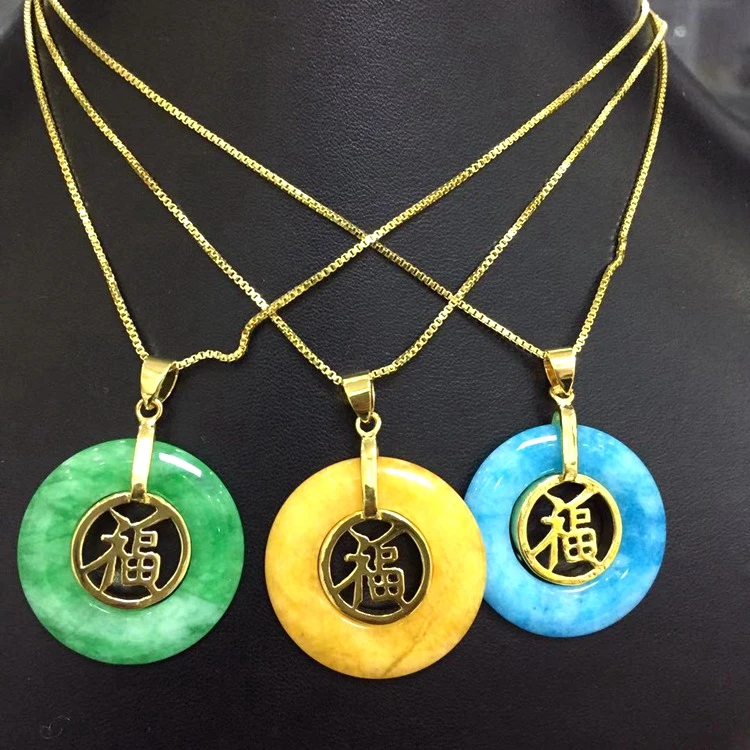

Jialin jewelry ins gold filled natural stone yellow blue green fu Emerald donut jade Good Fortune Medallion pendant necklace