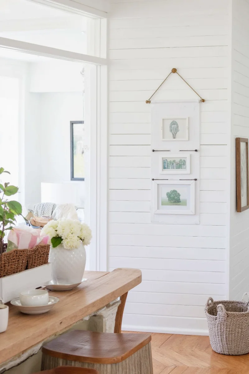 Close-up of knotty pine shiplap paneling with natural wood grain