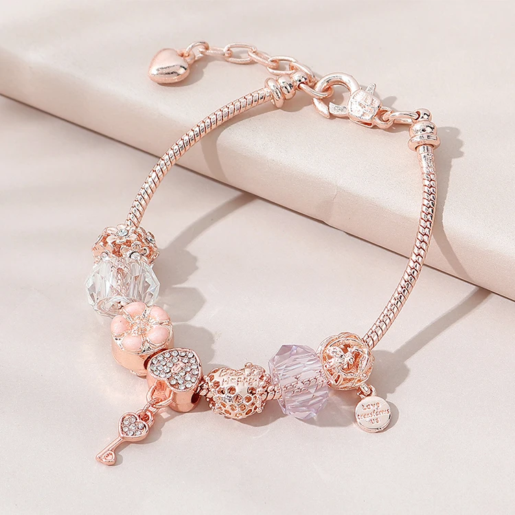 

[15%] Luxury Rose Gold Plated Rhinestone Crystal Key Drop Charm Bracelet CZ Cubic Zirconia Heart Charm Bracelet