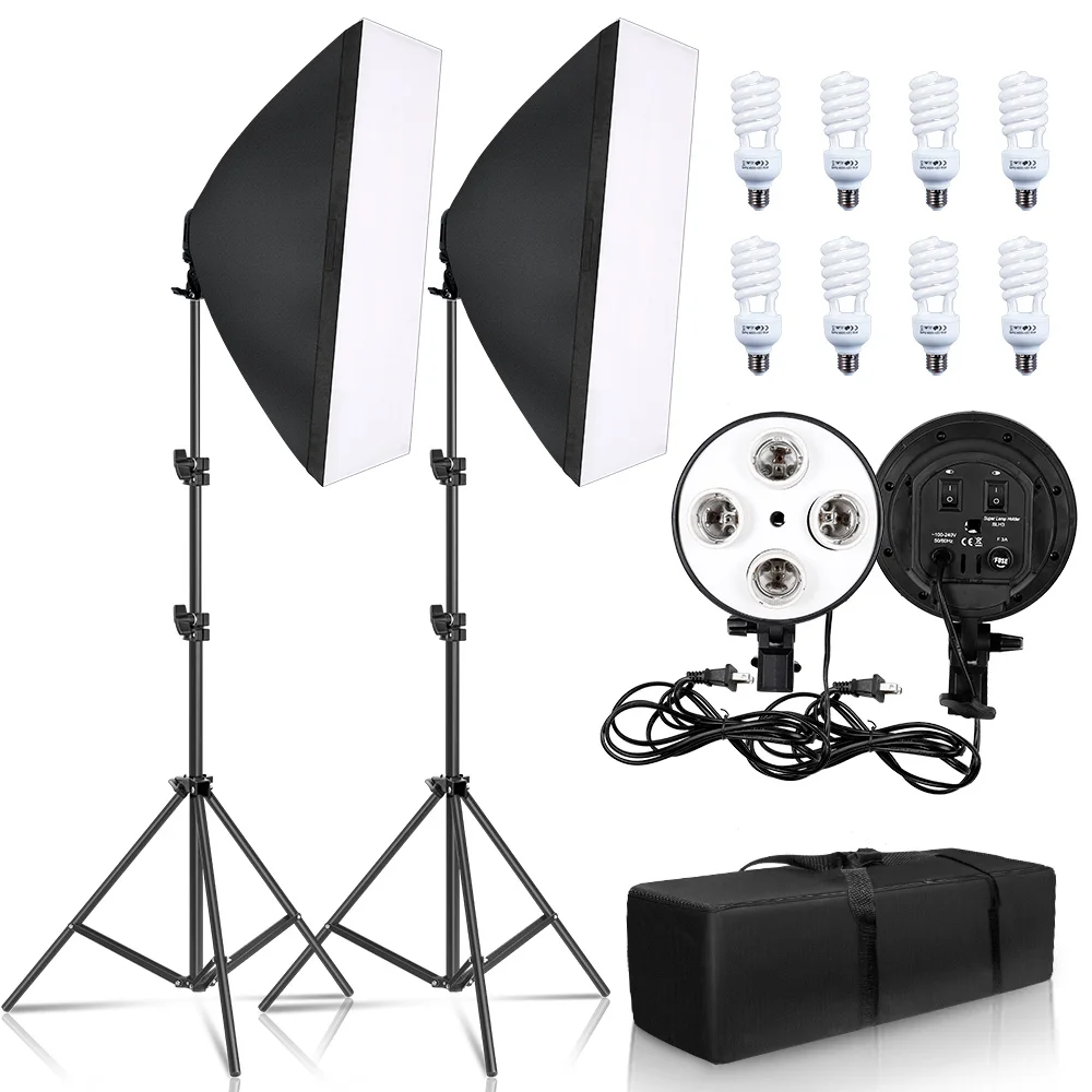 

Photography Lighting 50x70CM Four Lamp Softbox Kit E27 Holder With 8pcs Bulb Soft Box AccessoriesFor Photo Studio Video