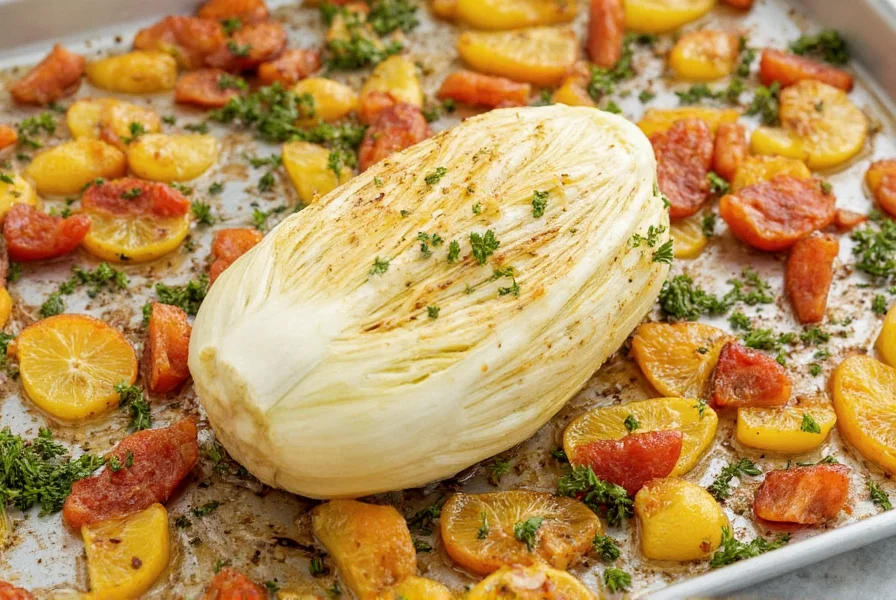 Fennel bulb roasted with citrus slices and fresh herbs on baking sheet