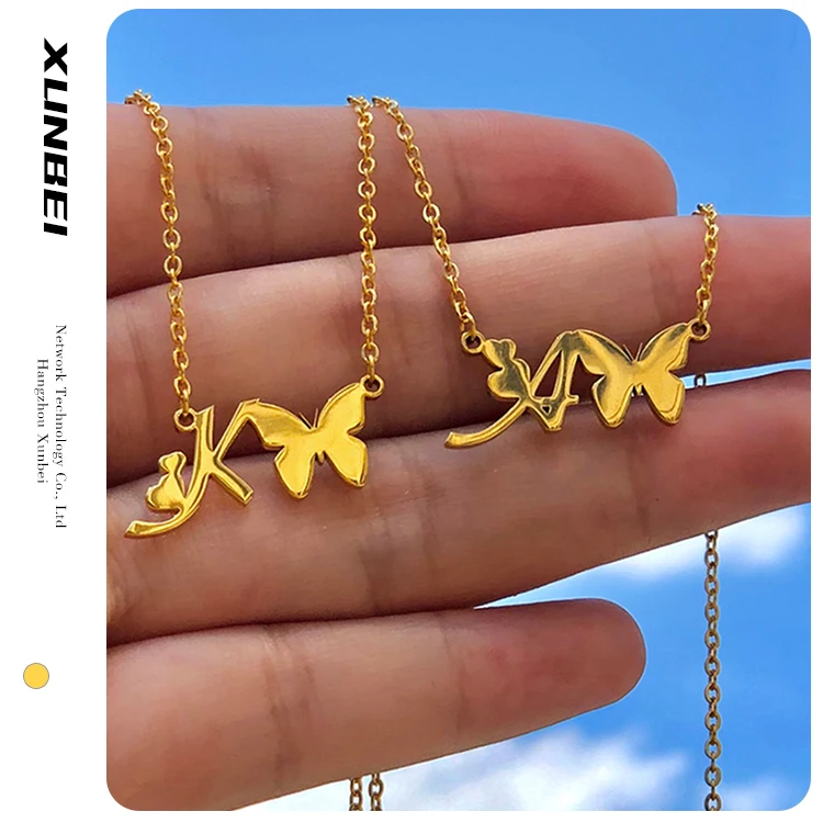 

2021 fashion trendy New A-Z alphabet letter pendant initial choker gold plated stainless steel butterfly necklace for women, Gold;caould be customized