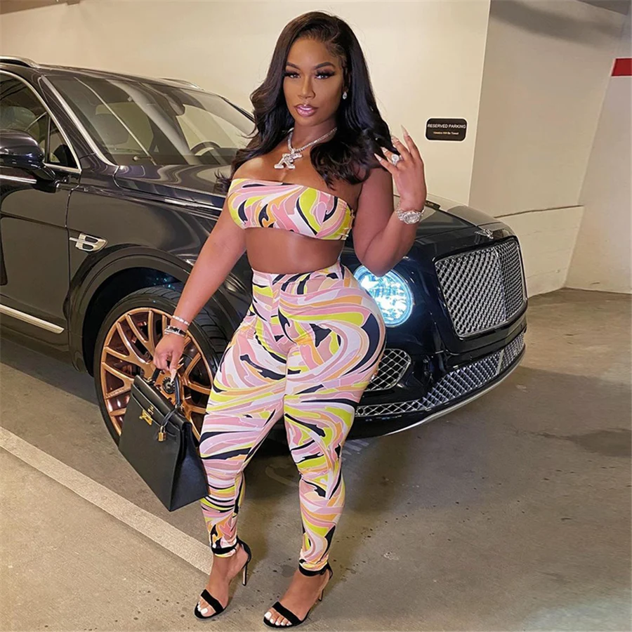 

Kliou K21S04165 Summer Clothes 2021Printed Cami Top Women Two Piece Sets Two Piece Pants Set