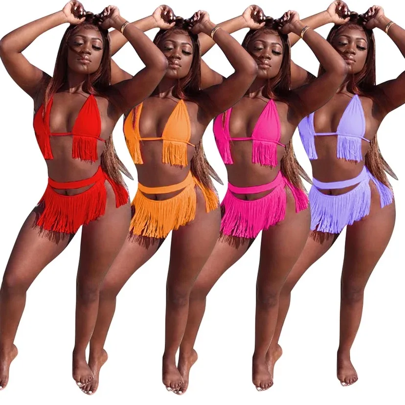 

Drop Shipping 2021 Womens Swimwear Trendy New Arrivals Casual 2 Color Women Tassel Hollowed Out Swimwears Bikini 2 Piece Set, Orange pink