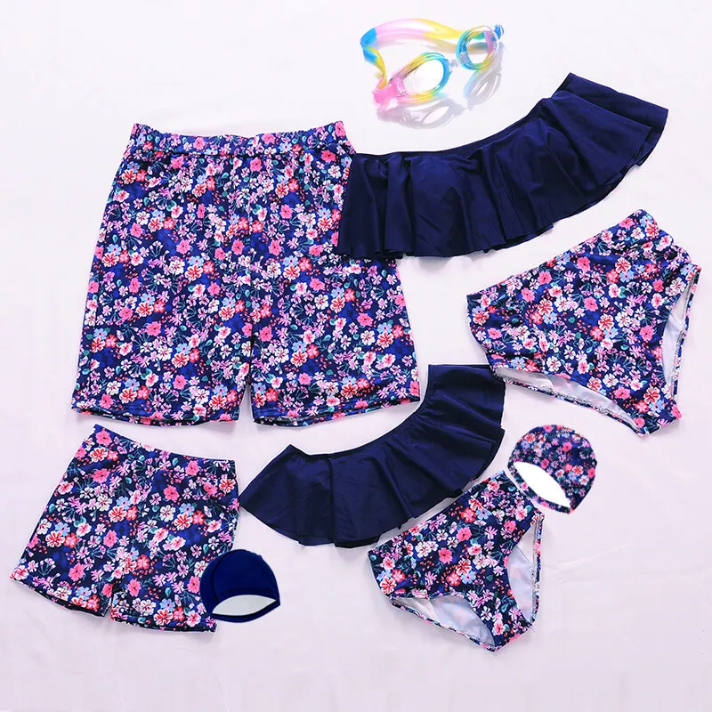 

Private Label Summer Flower Print Baby Kid Girl Women Bikinis Boy Men Swim Trunks Similar Swimsuit Family Matching Set
