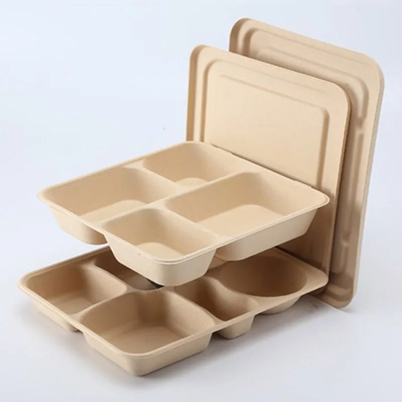 

compostable to go tableware made out 7 compartment sugarcane bagasse wheat dishes food containers sugarcane lids disposable, White and nature brown