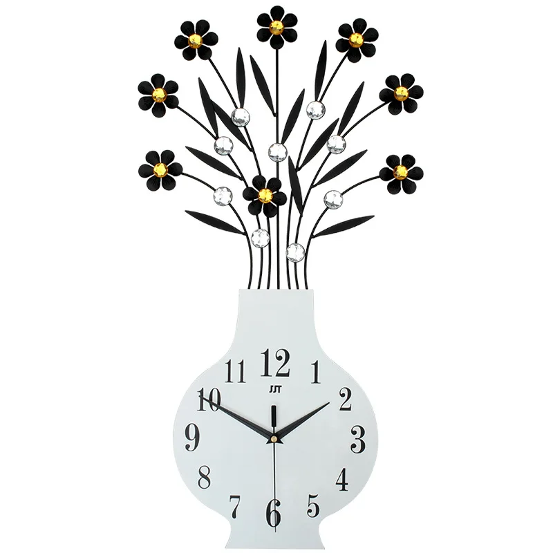 

odm/odmmodern wall clockModern wooden vase shape MDF black and gold flowers classic decoration room decorationreloj de pared, Black golden silver