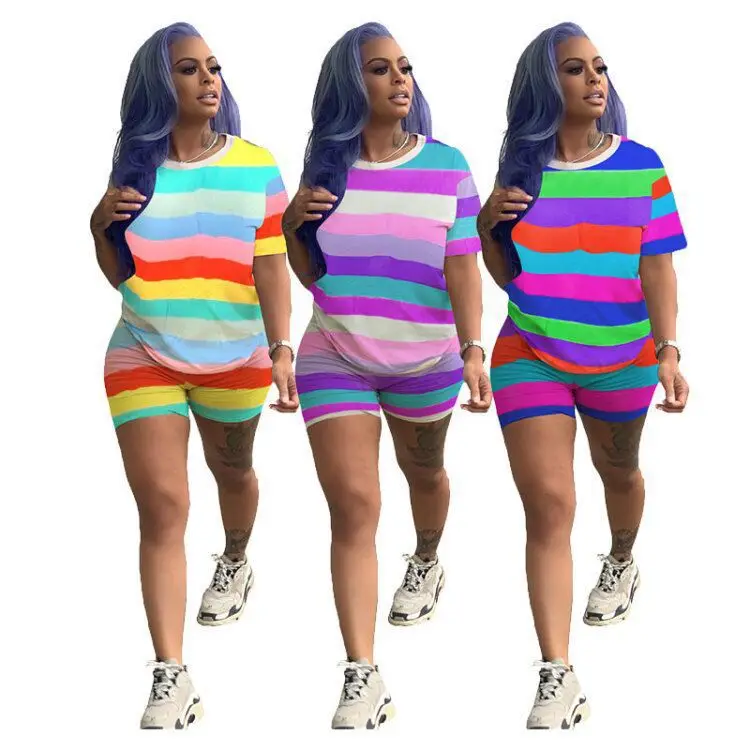 

Trending Plus Size Rainbow Color Sweat Suits Streetwear For Women O-neck T-shirt Shorts Track Suits Womans 2 Pieces Pants Sets