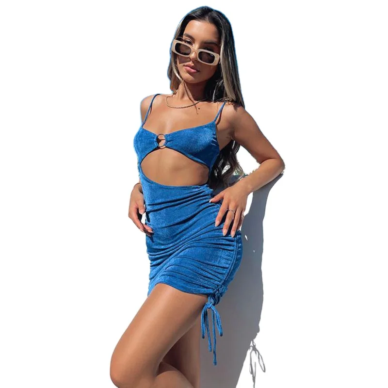 

New Summer Sexy Hollow Out Beach Sleeveless Mini Dress Women Cut-Out Backless Drawstring Bodycon Dresses
