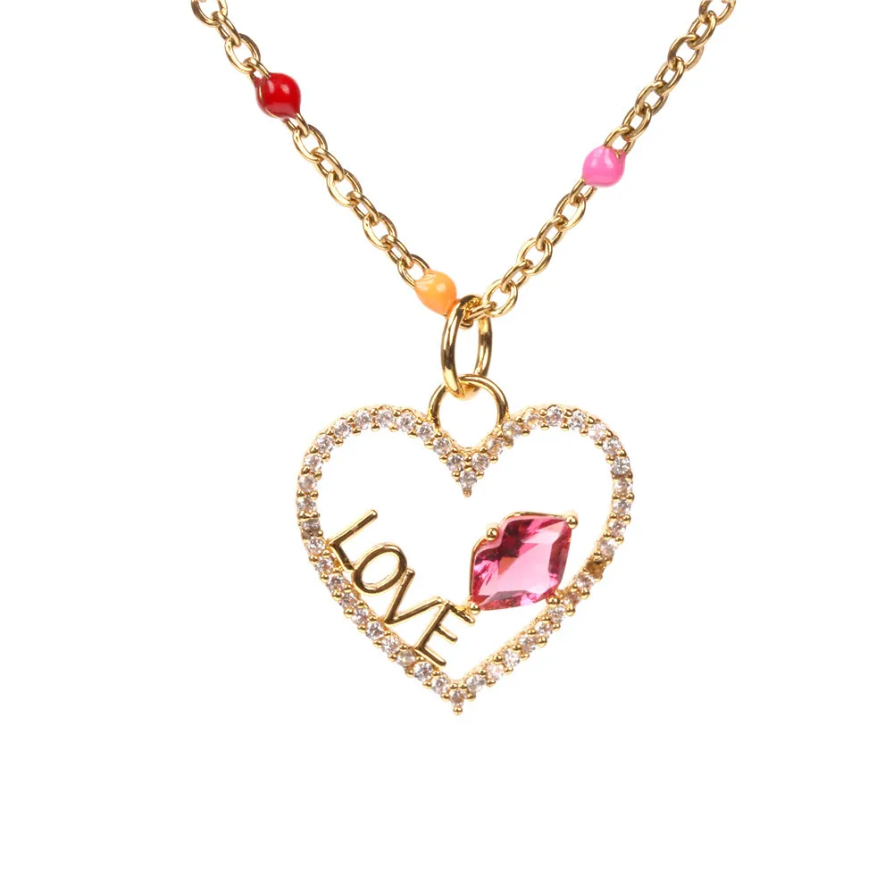 

European Stainless Steel Colorful Beaded Chain CZ Zirconia Heart Necklace Zircon Initial Love Pendant Stainless Steel Necklace