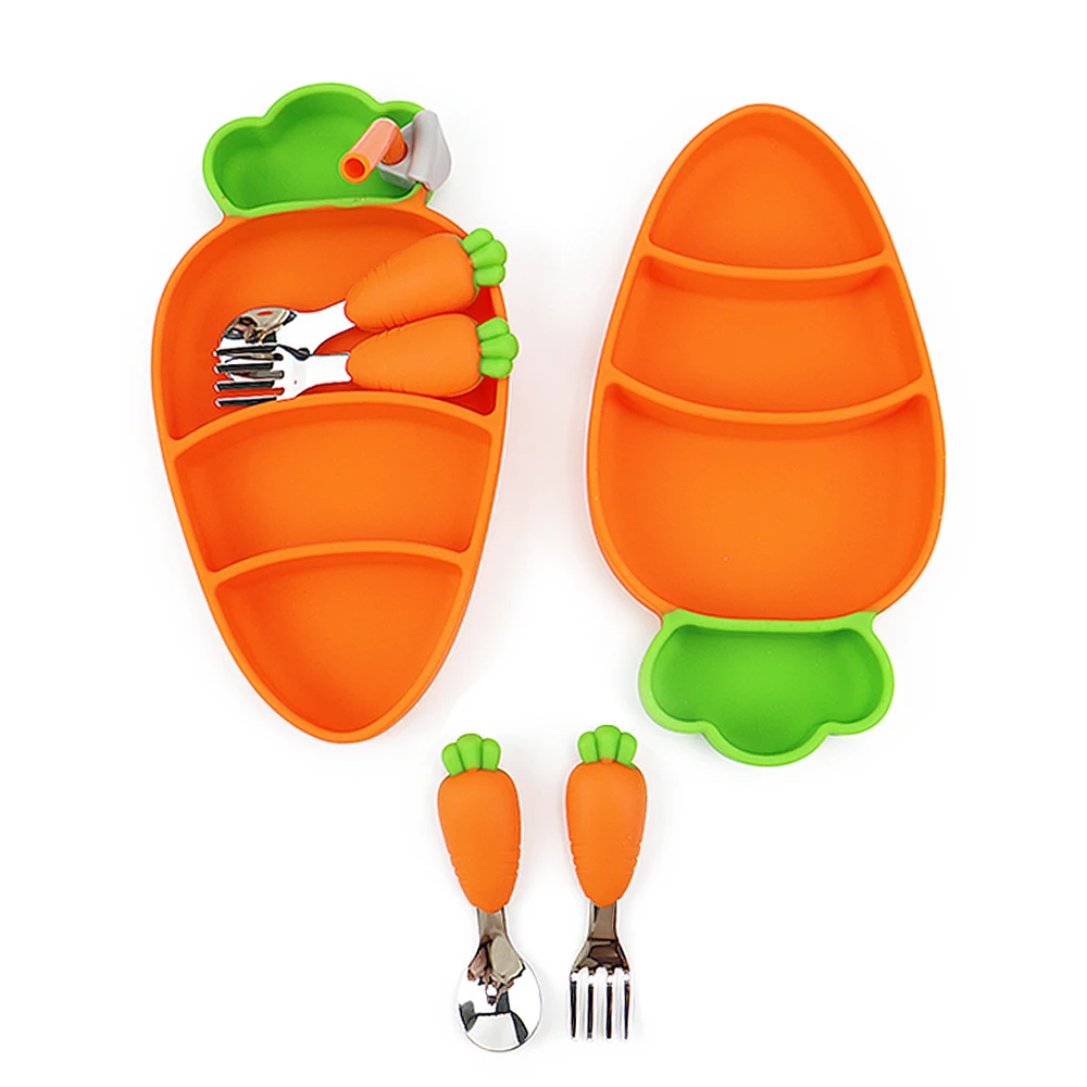 

Waterproof Carrot Kids Dinner Silicone Character Baby Food Toddler Plate Set Silicone Plate And Spoon For Kids, Any pms color