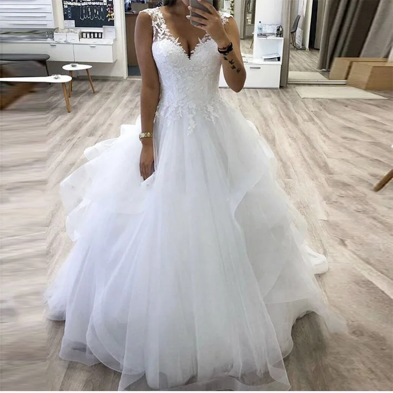 

ON449 V-neck Princess Ball Gown Wedding Dress With Tiered Tulle Skirt White Customize Bride Dress Winter Bridal Gowns, Default or custom