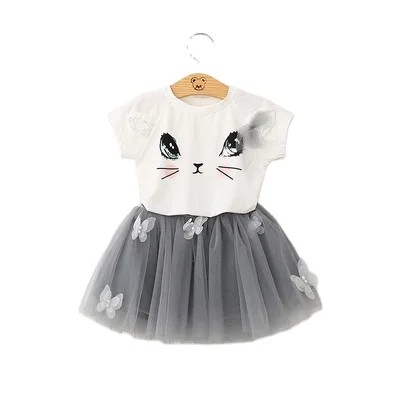 

Girls korean short-sleeved suit summer new cute cat t-shirt butterfly fluffy skirt two pieces kids children clothing