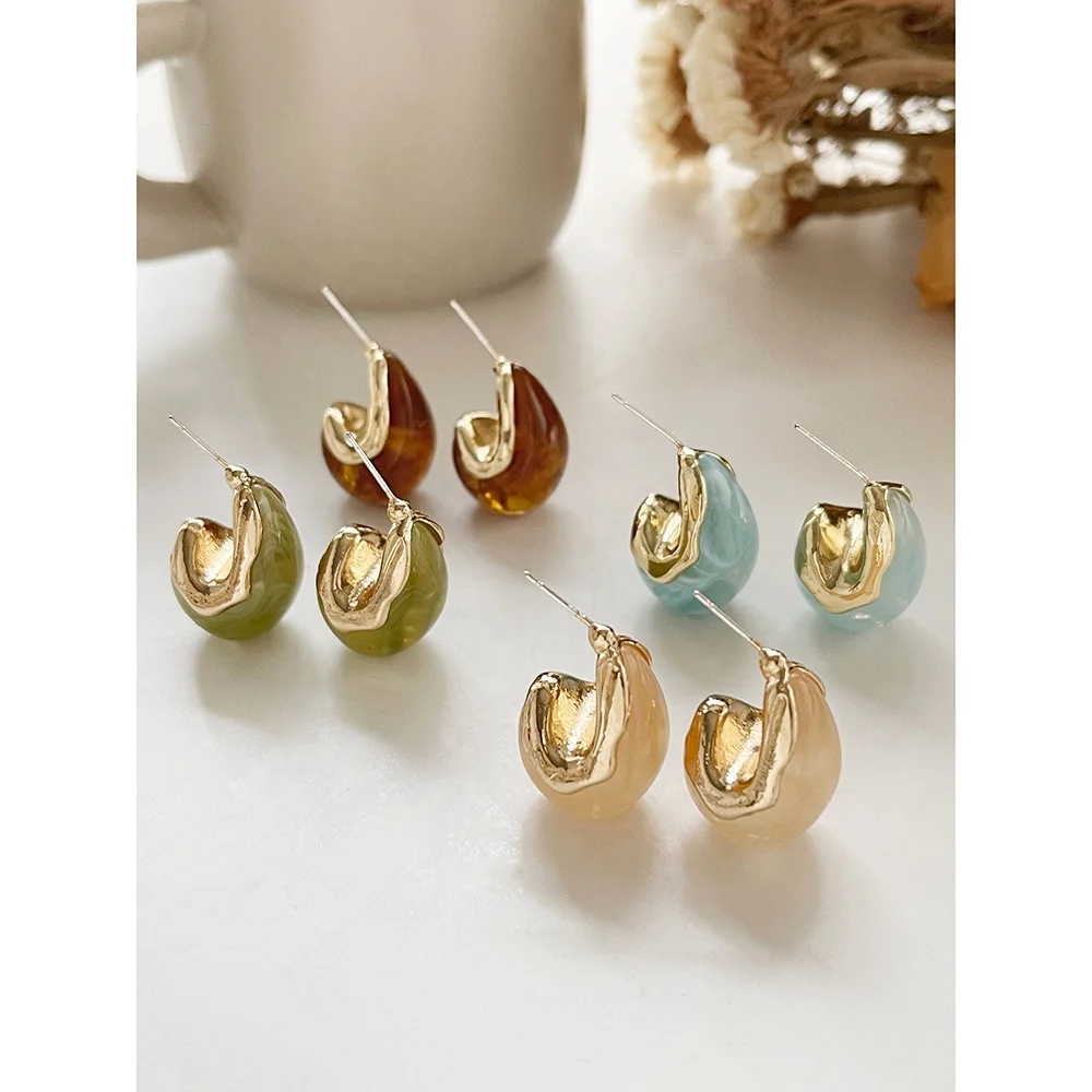 

E0115 14k gold plated vintage chunky resin stud earring women colorful delicate earrings minimalist Boho daily jewelry