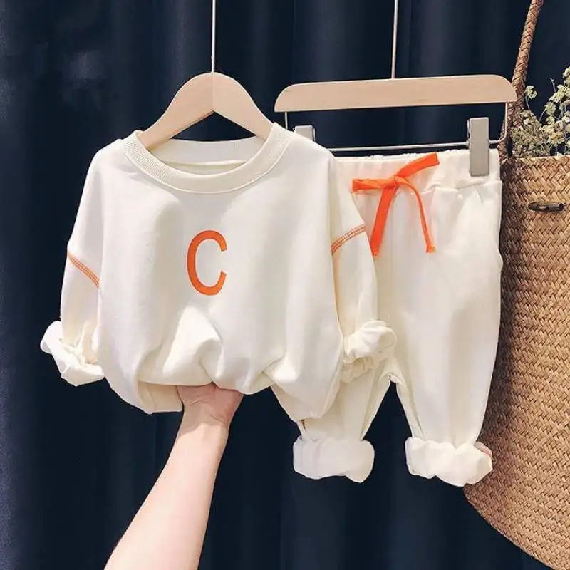 

New Spring and Autumn Boys and Girls Letter Printing Fashion Sportswear Suit Cotton Long-sleeved Sweatshirt Pants 2-piece Set