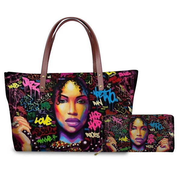 

graffiti handbags for women luxury design afro girl printing purse and wallet 2pcs classic black purses bags with large capacity