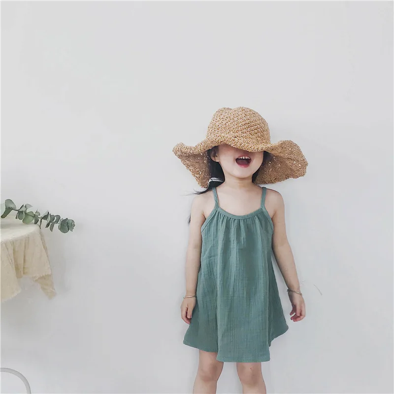 

Wholesale Summer Girls Clothes Sleeveless Cute Solid Color Muslin Cotton A-line Princess Kids Dress, Photo showed and customized color