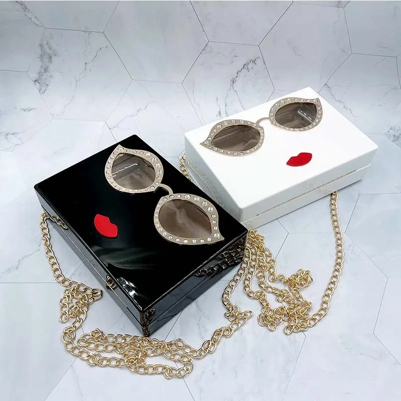 

Fashion Sunglasses Pattern Female Acrylic Casual Totes Shoulder Bag Designer Bag Woman Evening Acrylic Handbag, Black/ white