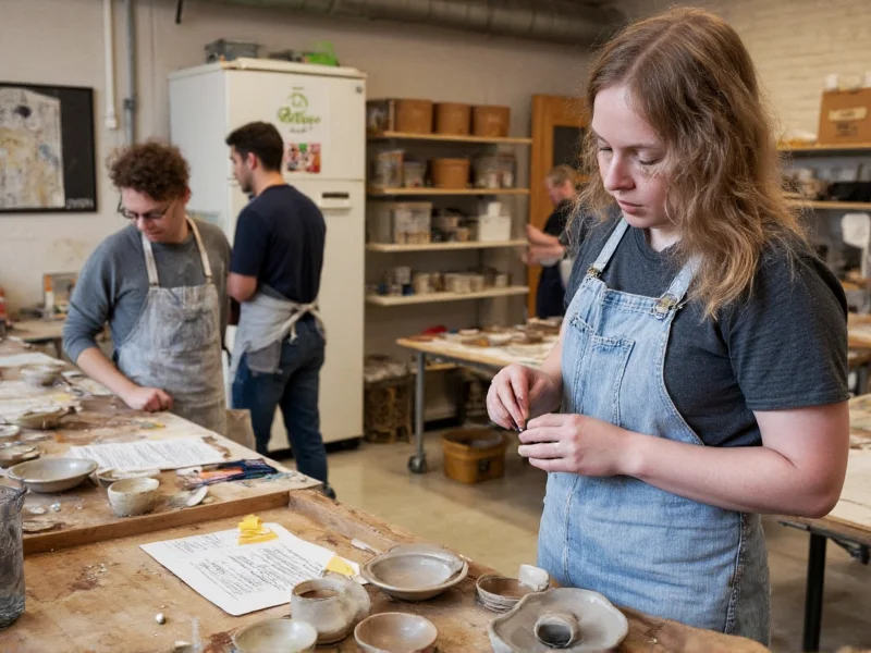 Diverse group creating pottery in urban workshop space