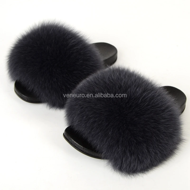 

2021 Wholesale Fashion Real fox Fur Slippers Big Furry Fluffy Slippers Sandals Women Fox Fur Slides, Customized color