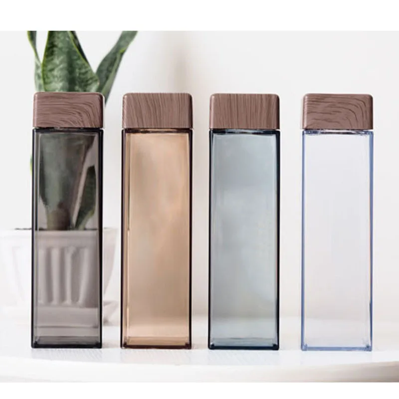 

Wholesale hot selling Transparent Square Shape Water Bottle Portable Wood Grain Lid Sport plastic Water Drinking Bottle, Color as pictures