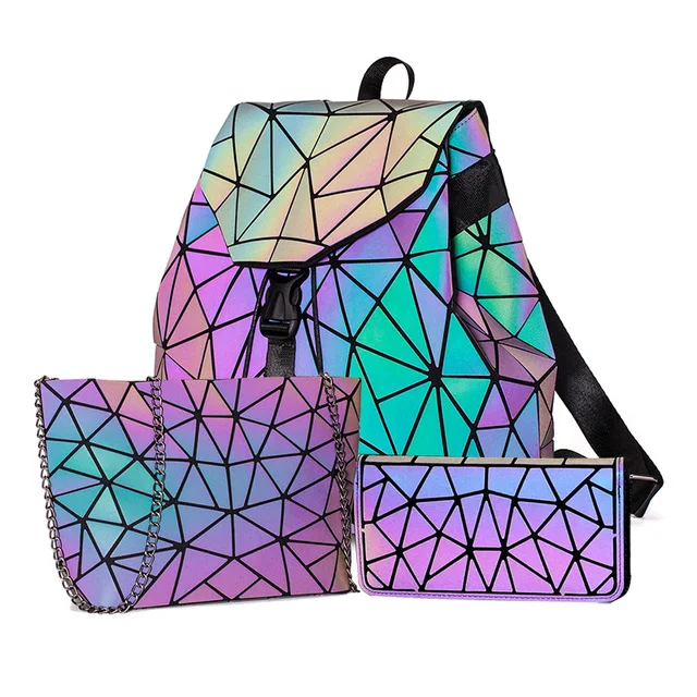 

Kalanta Women Backpack Set Luminous Geometric Sequin Bags For Ladies Bagpack Reflective Holographic Bags