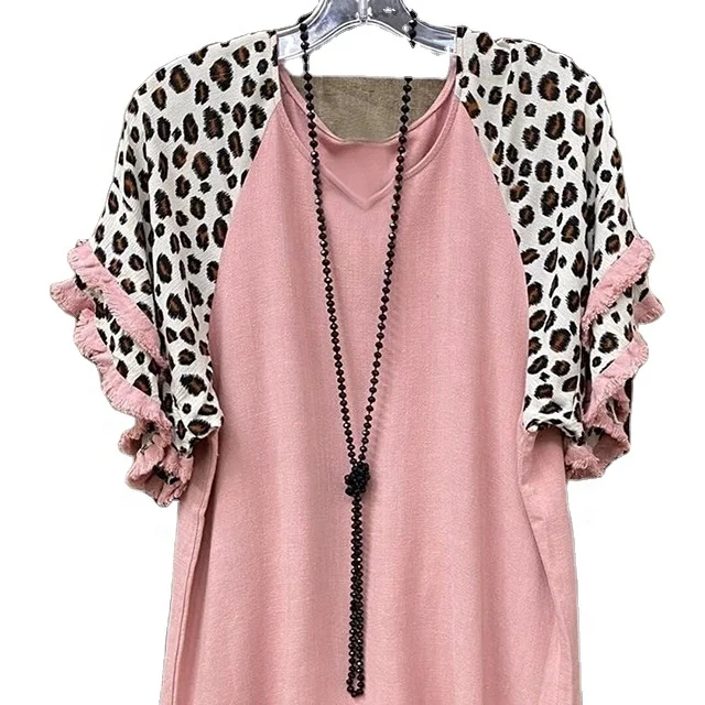 

Leopard Ruffled Tassel Hem T Shirt,Floral Raglan Short Sleeve Woman Top, Picture