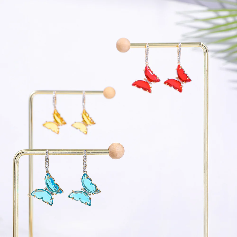 

2021 Colorful Glass Stone Butterfly Drop Earrings Color Crystal Butterfly Hoop Earrings, As pictures