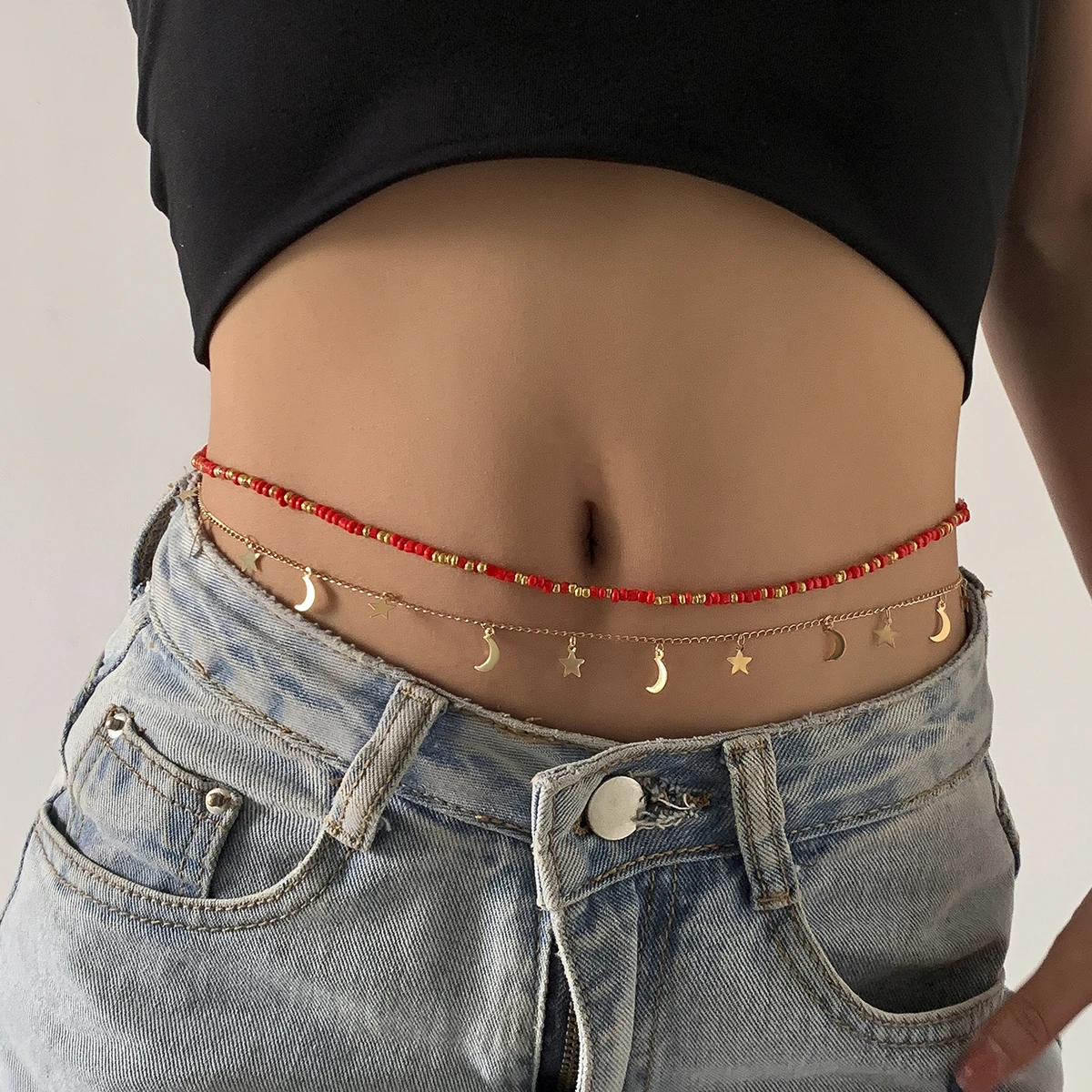 

SHIXIN Bohemian Star Moon Pendant Waist Chain Charm Red Yellow Beads Beaded Belly Chain Sexy Body Jewelry Stomach Chain Women