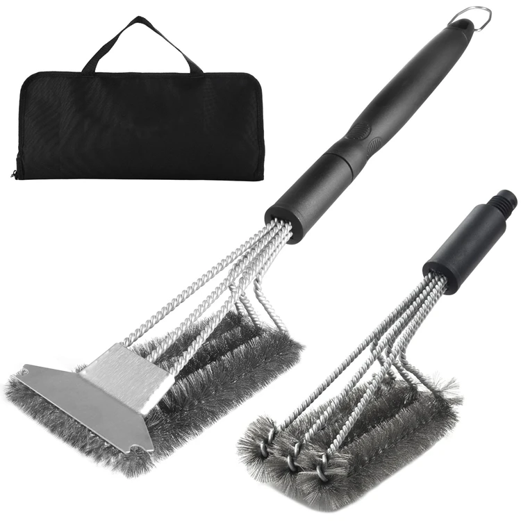 

Multifunctional Heavy Duty Metal New Bbq Cleaner And Bag Long Stainless Steel Extra Scraper Cleaning Head Grill Brush Set, Black