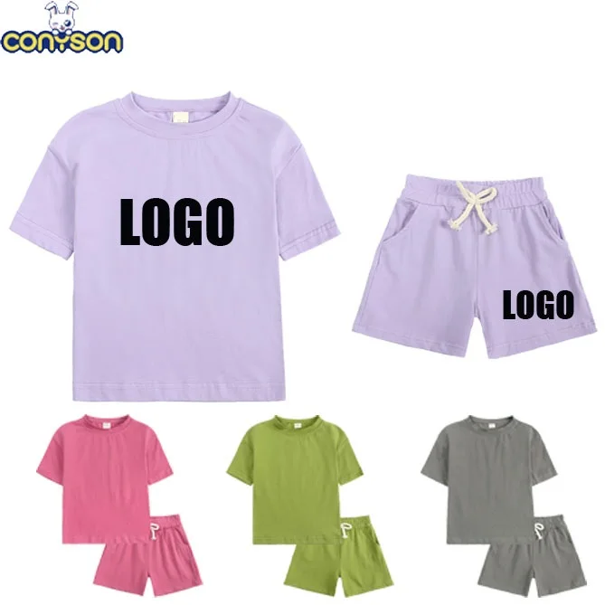 

conyson high quality two pieces baby t-shirt short sets cotton outdoors custom logo boys apparel summer kids clothing sweatsuits