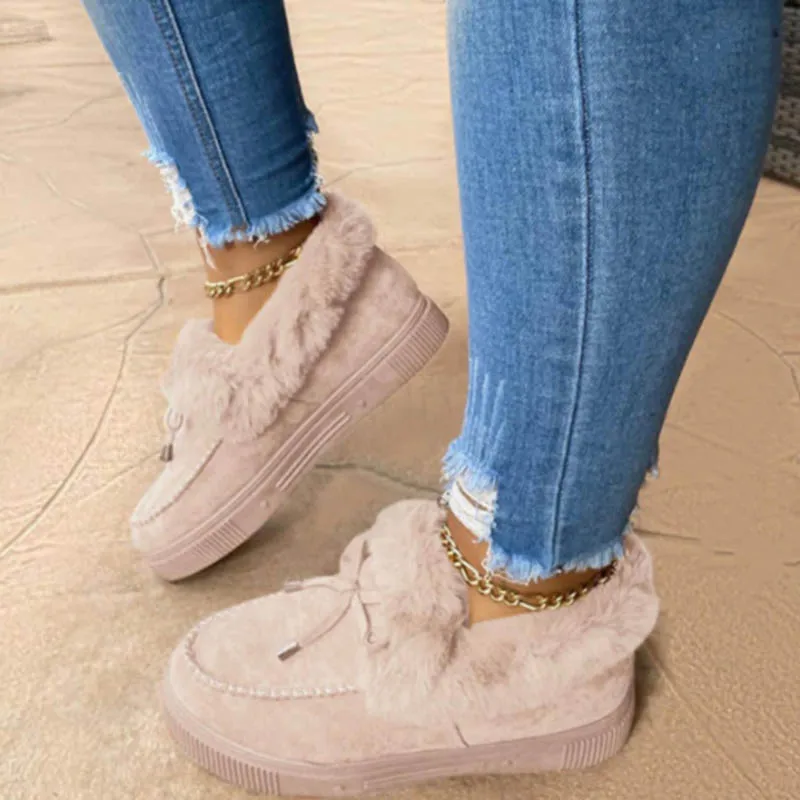 

Winter Boots Women Fur Slip-on Cotton Shoes Winter Cute Bowknot Plush Loafers Warm Short Snow Boots Female Furry Flat Shoes, As the picture shows