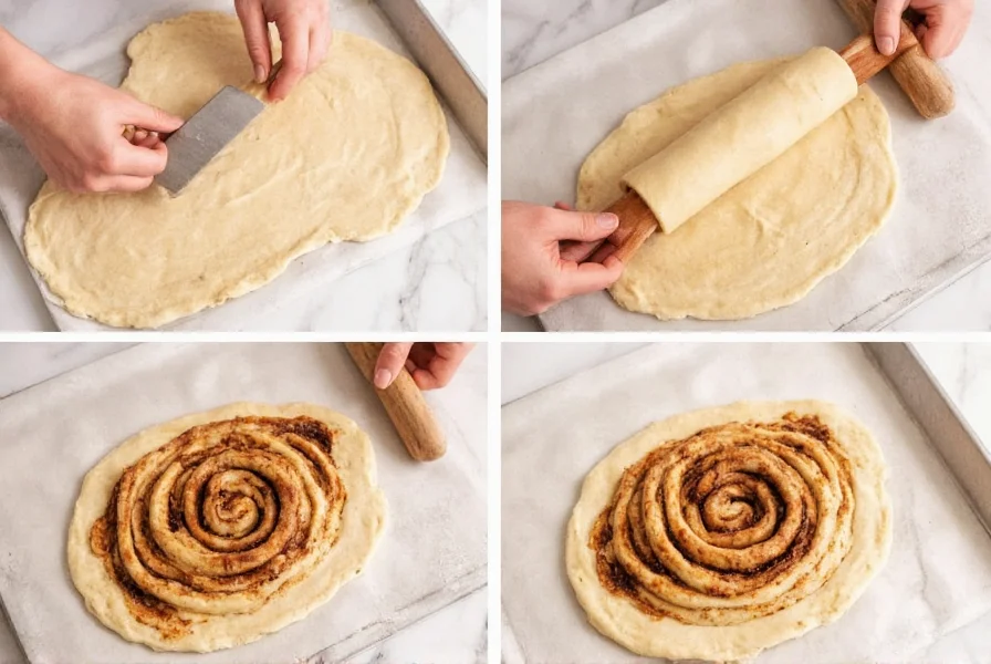 Step-by-step cinnamon bun rolling technique showing dough spreading, filling application, and spiral formation, overhead kitchen photography