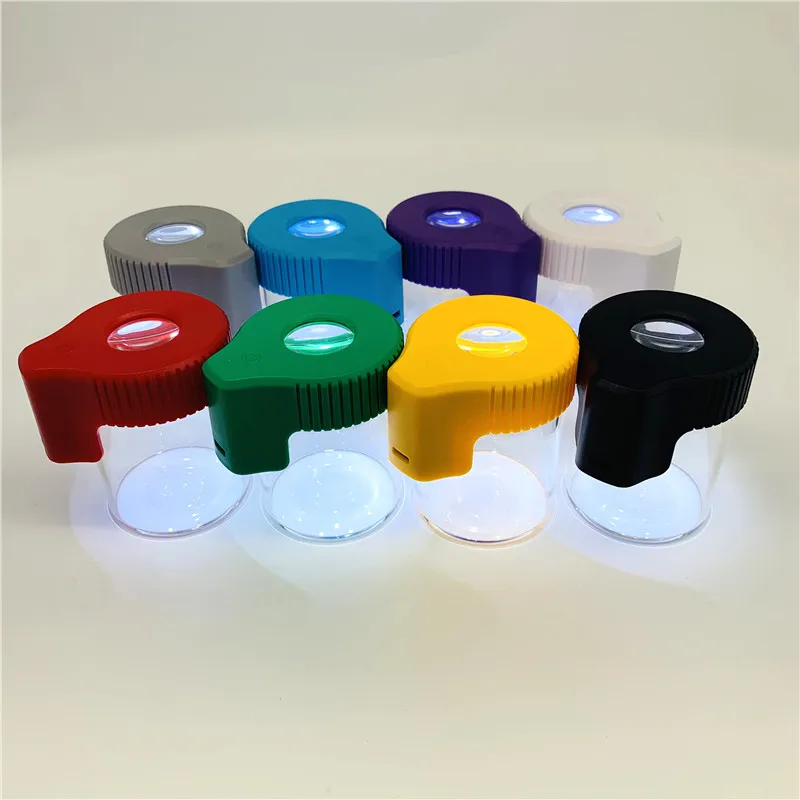 

Wholesales Custom Glowing Jar LED Stash Magnifying Jar Plastic Glass Jar Smoking Accessories with Herb Grinder Smoke Pipe
