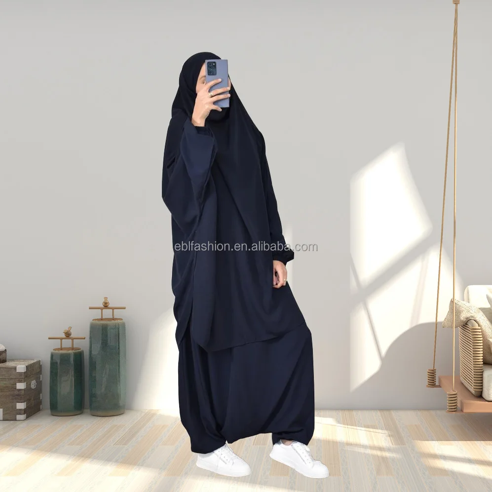 

Yibaoli Factory supply manufacturer two piece khimar and sarouel jilbab with harem sarwel pants islamic prayer clothes, Black , navy , green , brown , dark red ,gray , purple