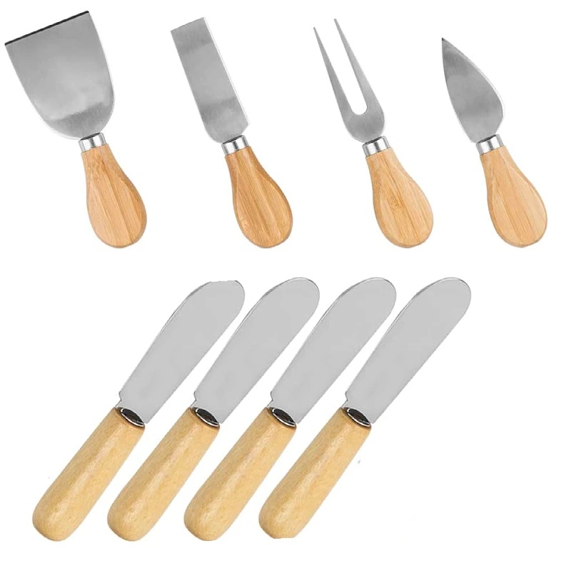 

Amazon Hot Selling Cheese Knife Set Original Wood Handle 8 Pieces Set Cheese Slicer Metal Cheese Tool Set, Silvery