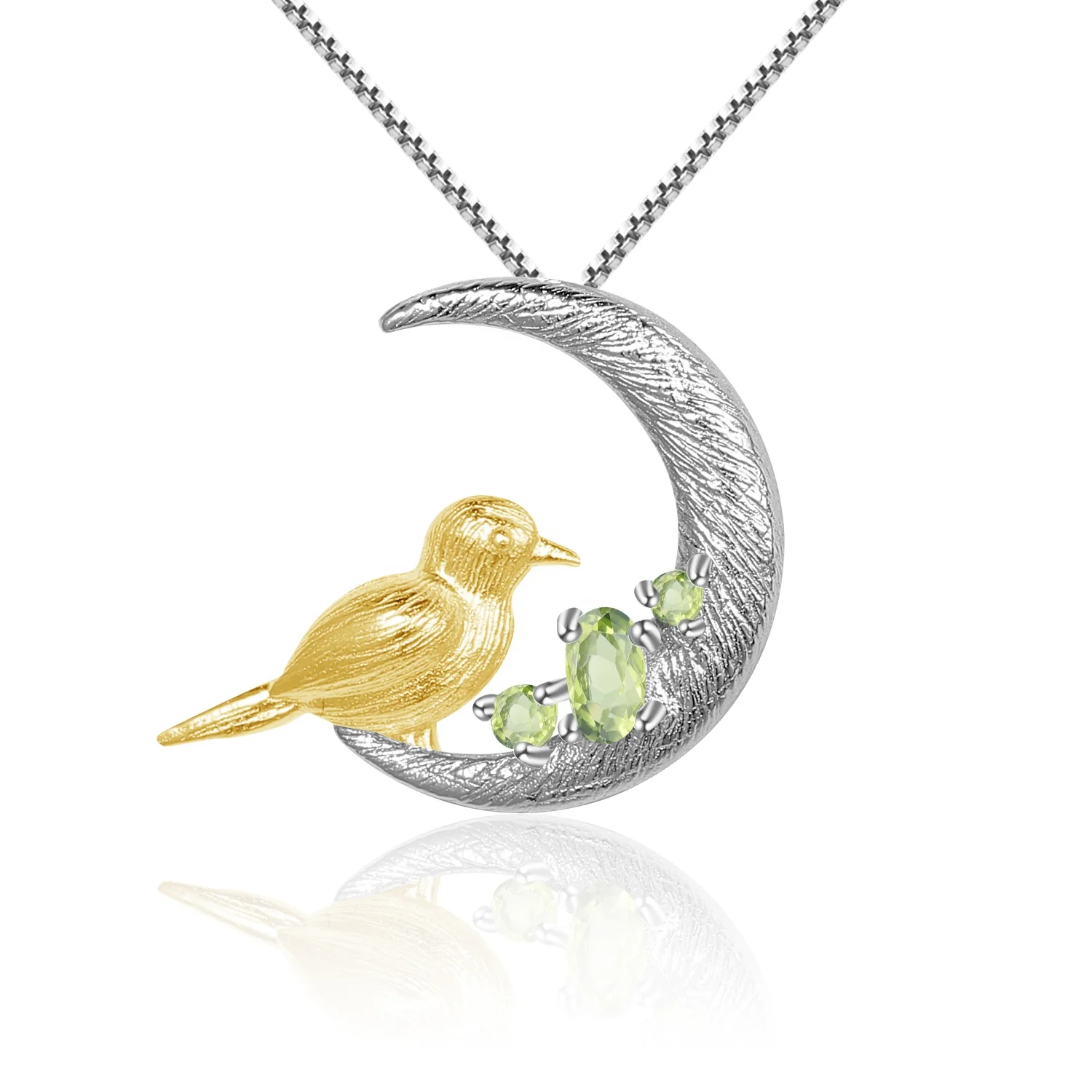 

Abiding 925 Sterling Silver Natural Peridot Gemstone Fine Jewelry Moon Bird Original Handmade Pendant Necklace Women Jewelry