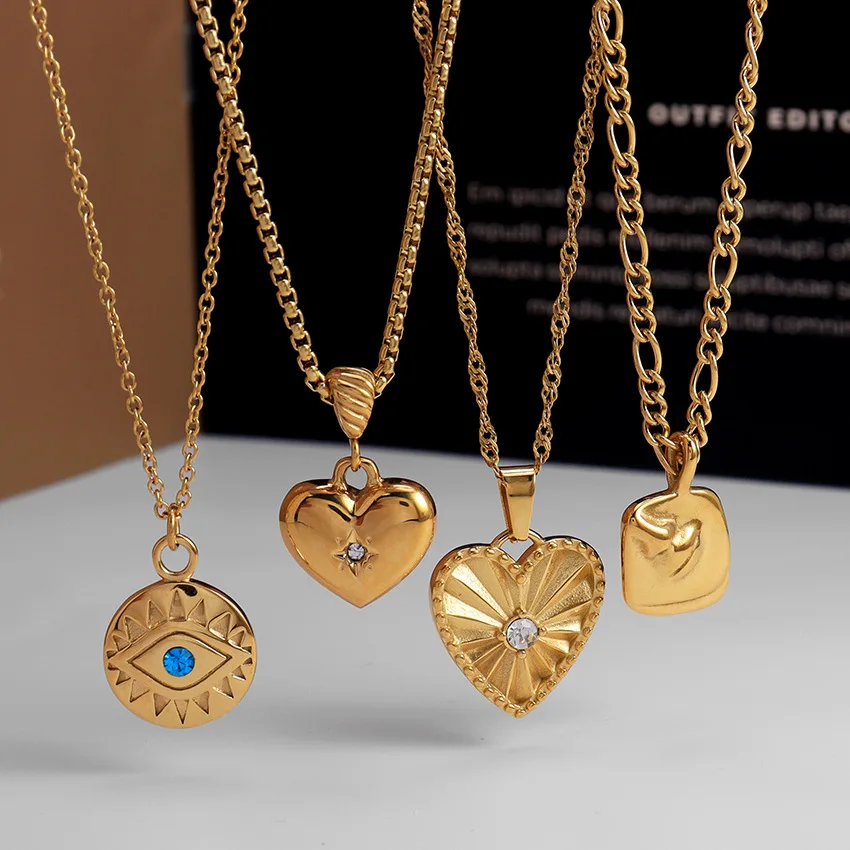 

Nordic style 18K Gold Plated Stainless Steel Jewelry Heart Shaped Charm Pendant Necklace With Single Stone