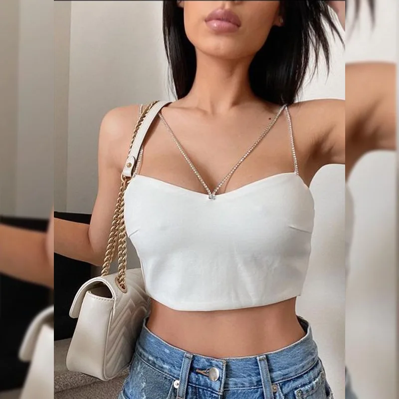 

Diamond Strap Women Crop Top Camis Solid Bodycon Sexy Elegant Streetwear Party Club Festival 2021 Summer Clothes