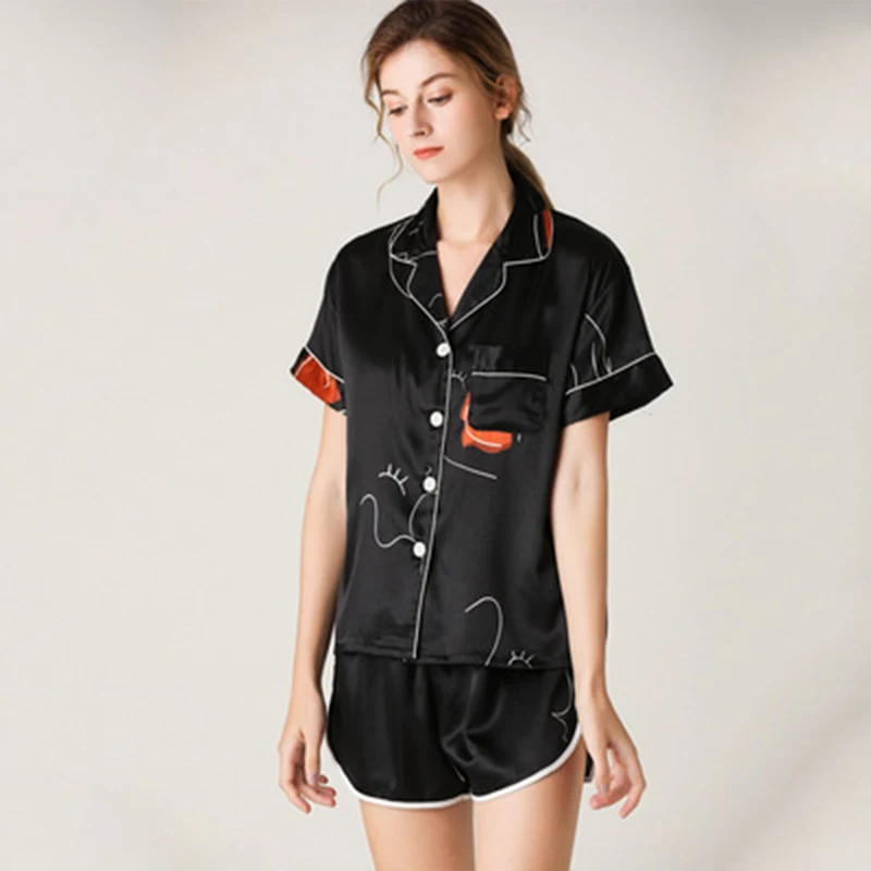 

JULY'S SONG Summer Sleepwear 2pcs Faux Silk Satin Pajama Set Casual Summer Short Sleeve Shirt Shorts Homewear Nightwear 2020 New, Black black