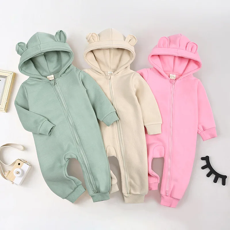 

Autumn And Winter Thick Newborn Clothes Hooded Baby Plain Cute Bear Ear Baby Organic Cotton Baby Rompers