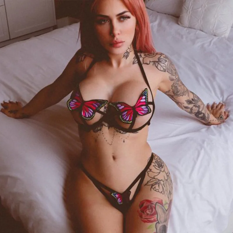 

Sexy Girl Open Chest Crotchless Bodysuit Hot Lace Erotic Women Lingerie, Black red butterfly yellow or other color custom