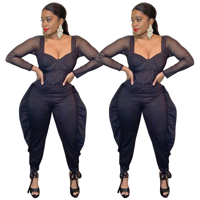 

Spring jumpsuit fashion 2021 ruffled trousers lucky label jumpsuit black pants jumpsuit women