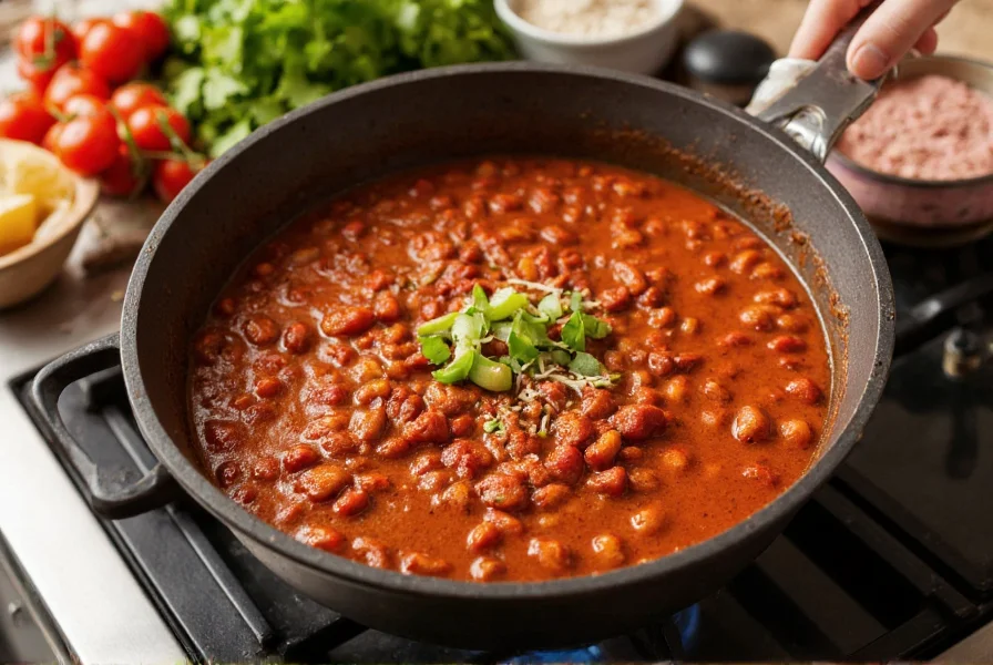 Homemade chili cooking in pot with fresh ingredients