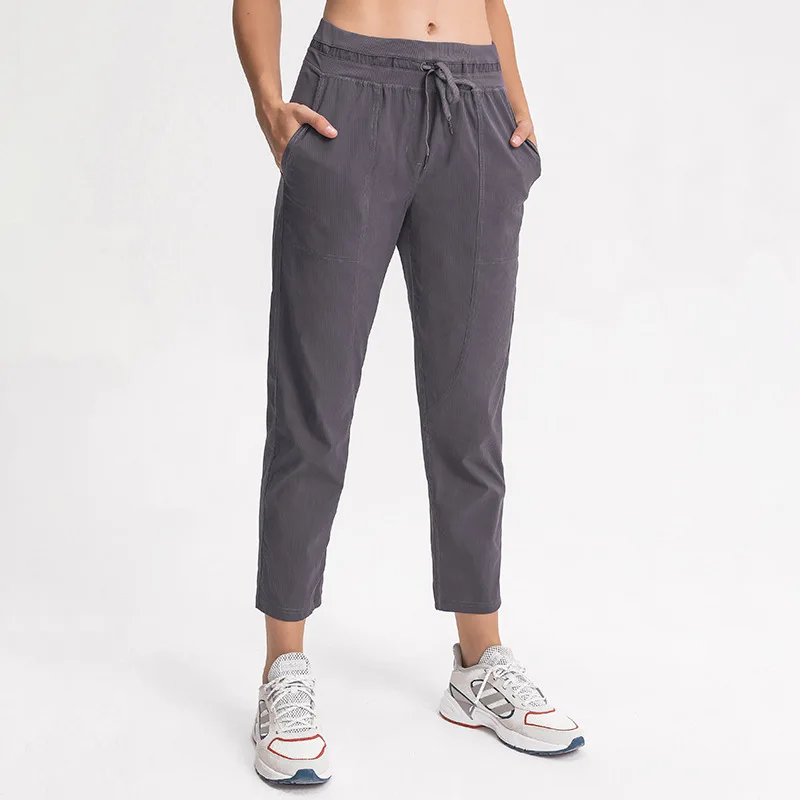 

Newest casual tracksuit jogging wear drawstring woven casual ankle pants women loose straight sports fitness pocket yoga pants