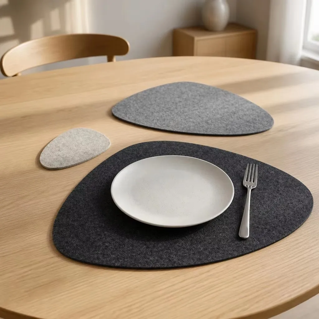 Minimalist Wood - pebble felt placemats on a warm wooden dining table
