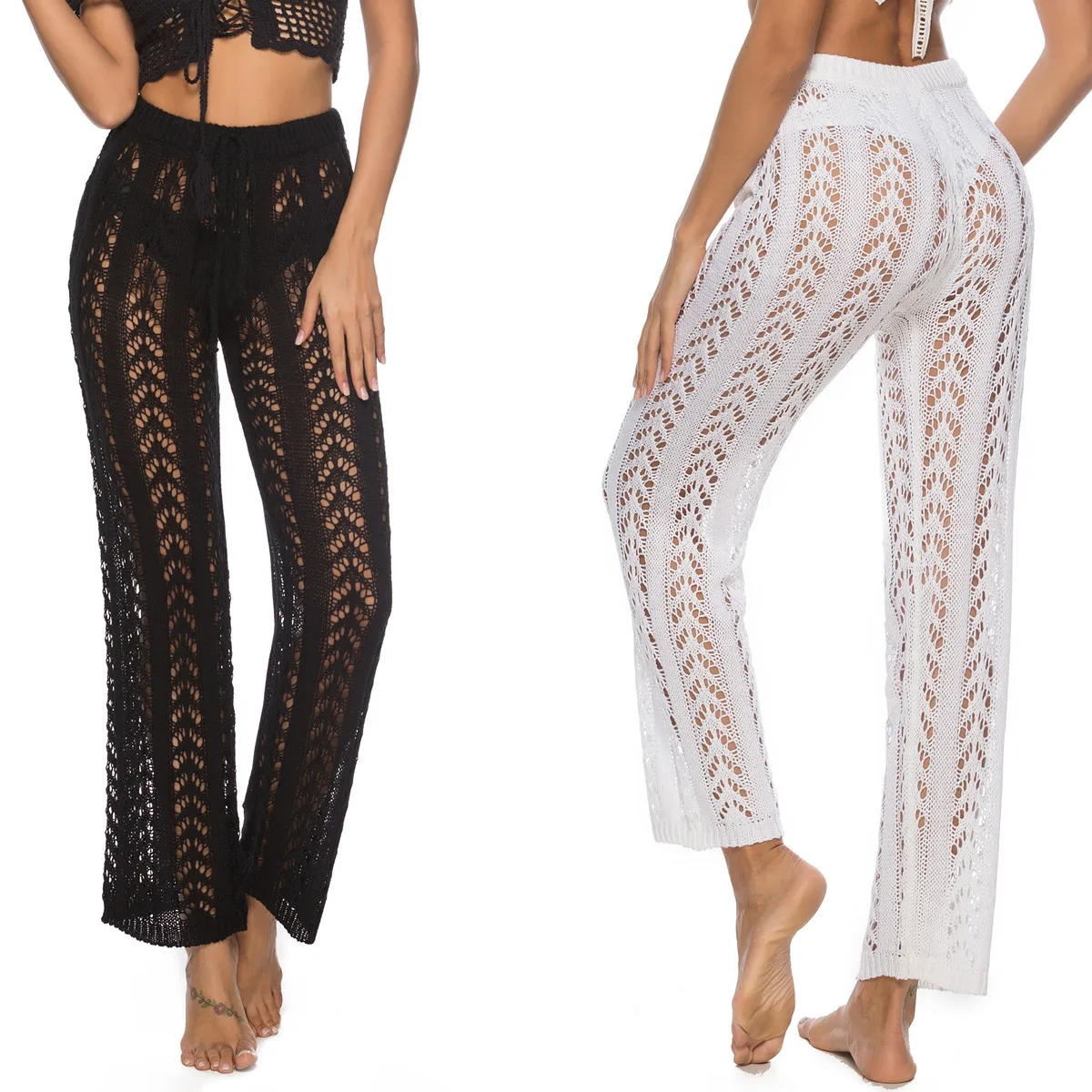 

2021 Women Summer Beach Style Solid Drawstring Pants Knitted Hollow See Through High Waist Casual Sexy Sunscreen Trousers, Black/white/apricot