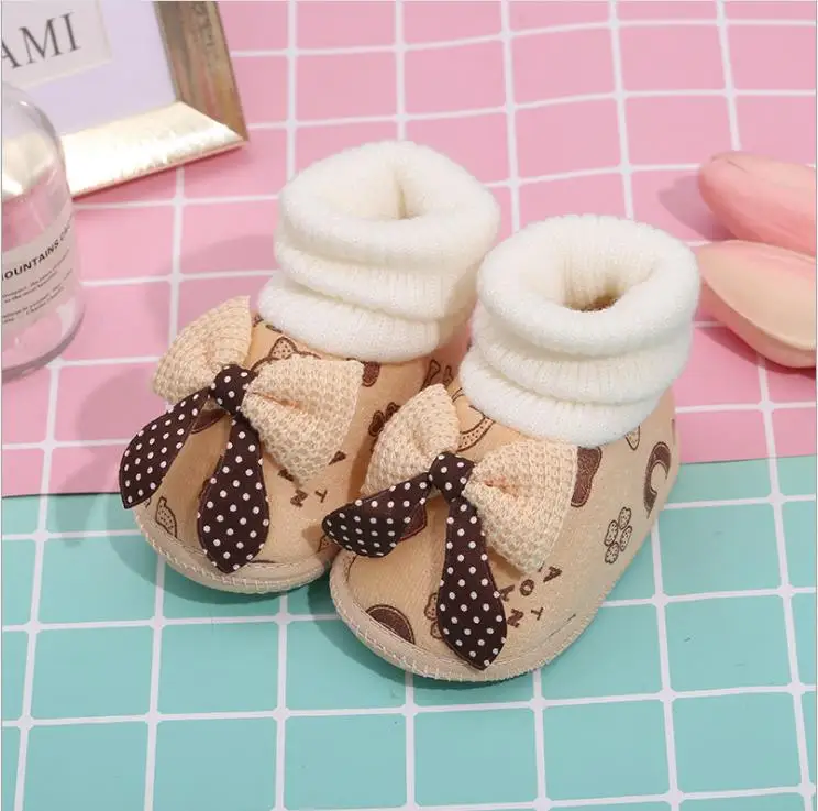 

Fashion Baby Girl Bow Slip Anti-Skid Boots Knitted Wrap Solid Color Cartoon Cute Big Bow Fuzzy Simple Soft Toddler Shoes