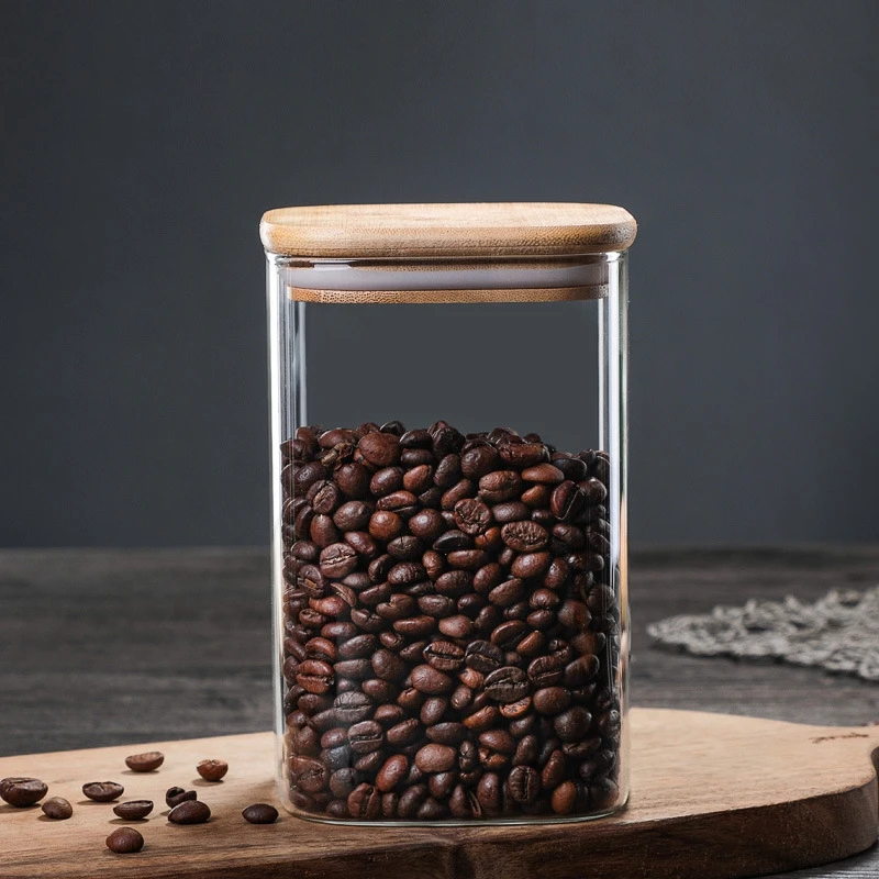 

hotsale square coffee beans storage glass jars with bamboo lids, Any color